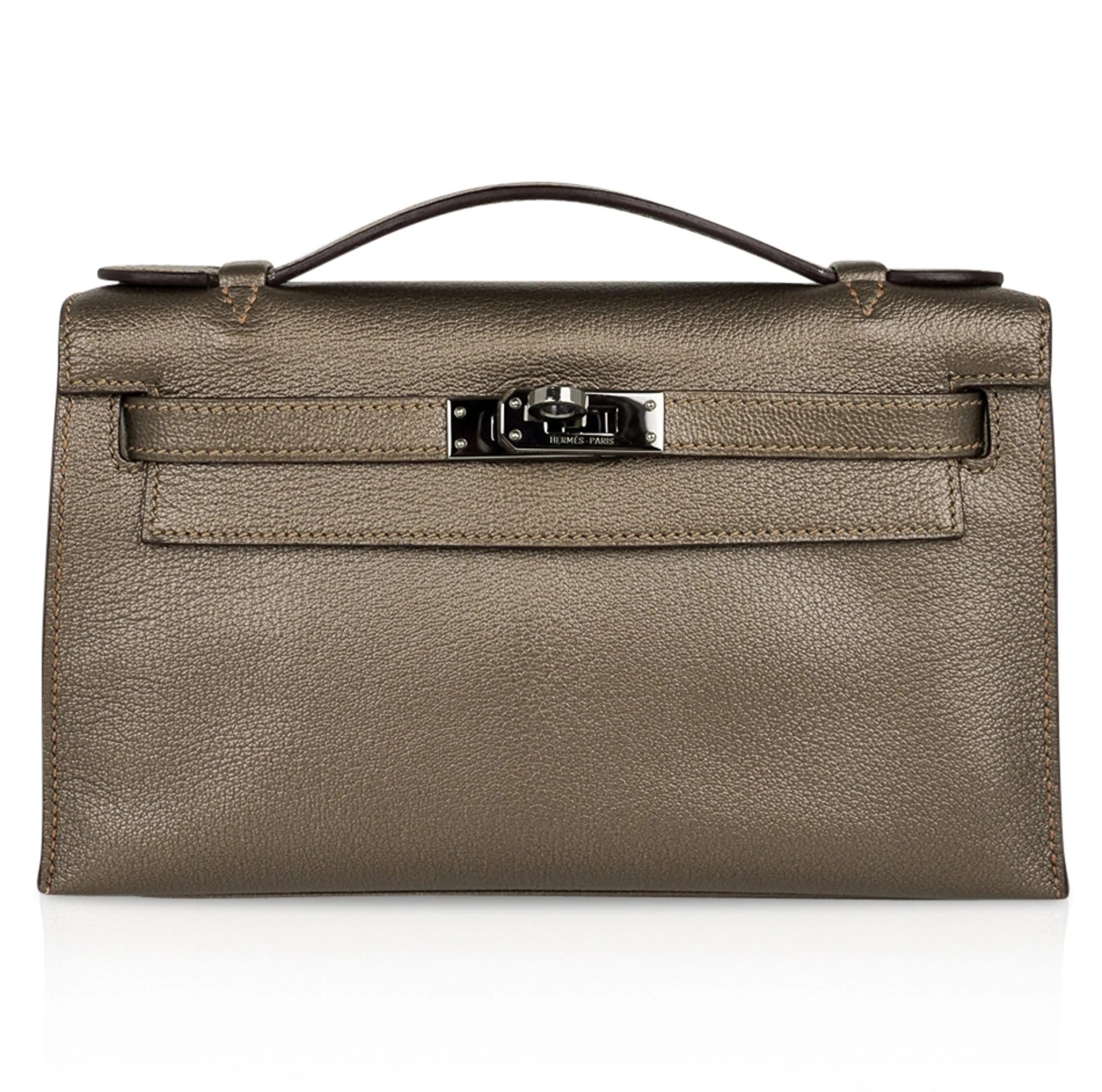 Kelly Pochette Metallic Bronze Clutch Bag Chevre Palladium