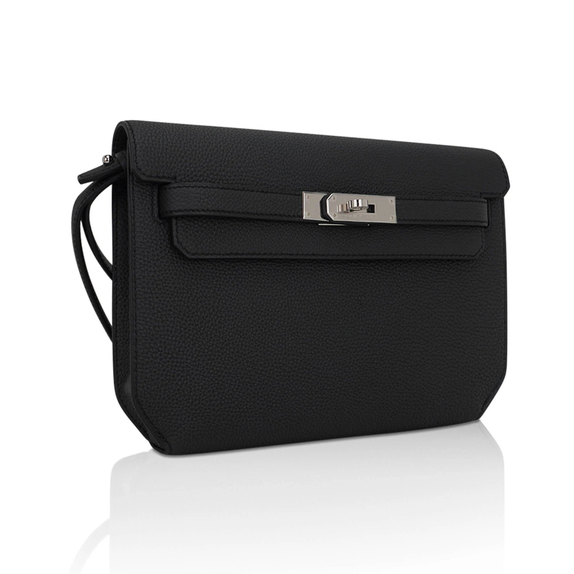 Kelly Depeches 25 Pouch Bag Black Galop D’Leather with Palladium Hardware