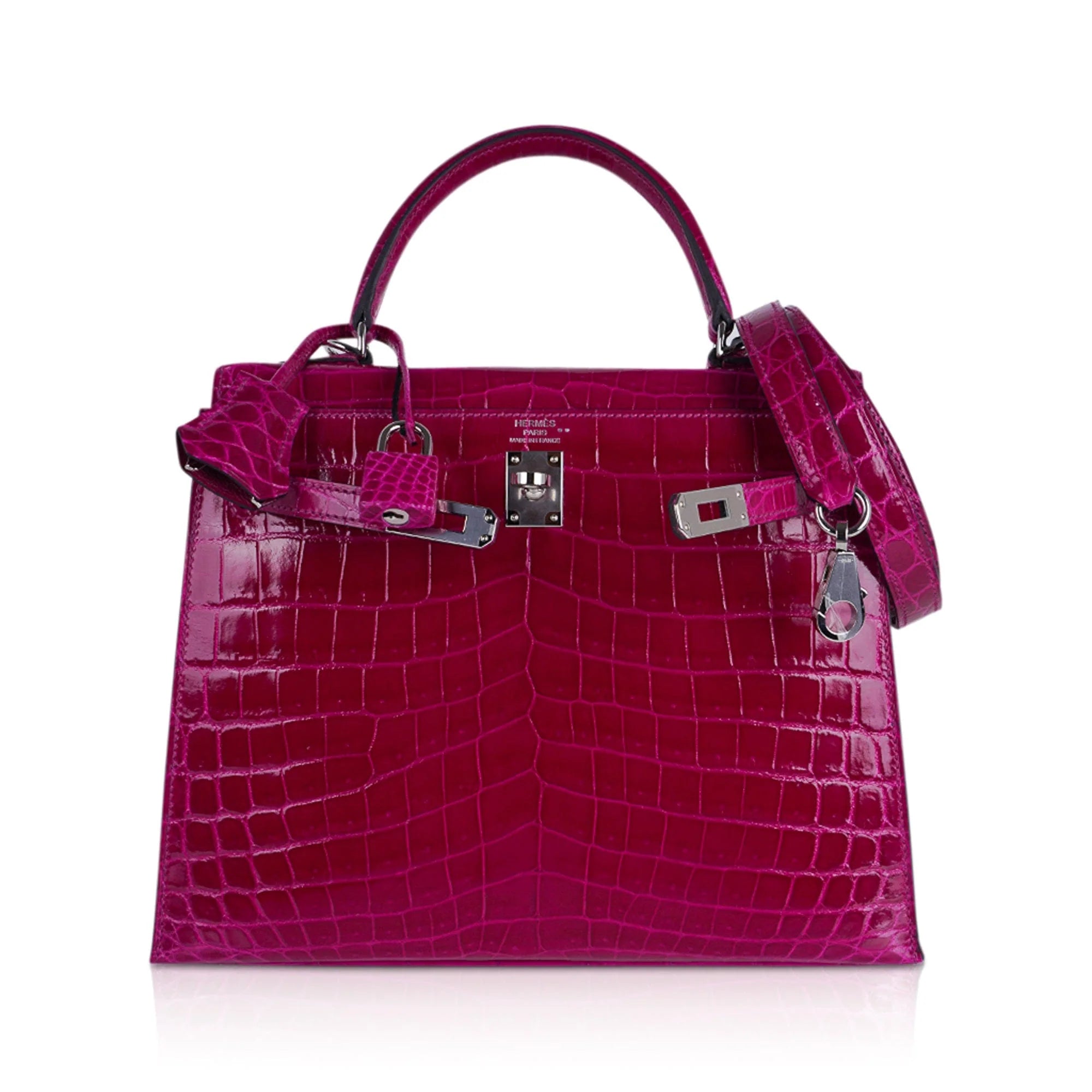 Kelly 25 Sellier Bag Rose Pourpre Crocodile with Palladium Hardware