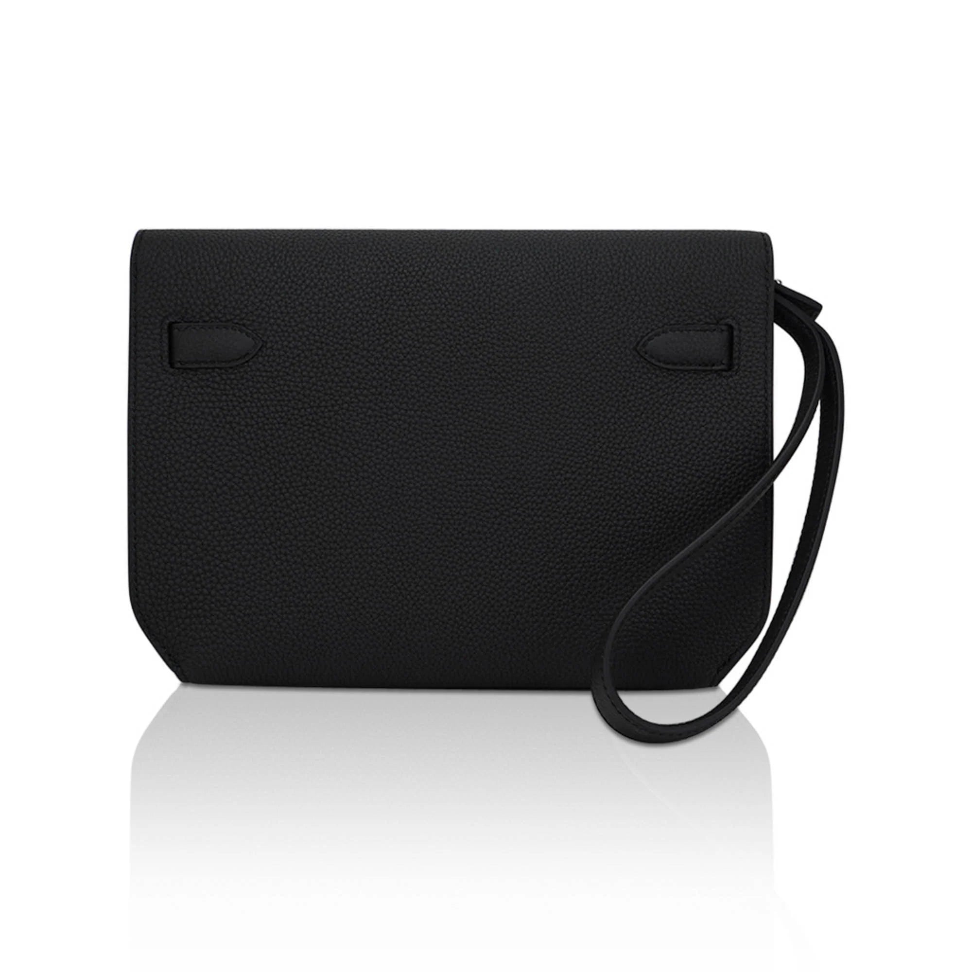 Kelly Depeches 25 Pouch Bag Black Galop D’Leather with Palladium Hardware