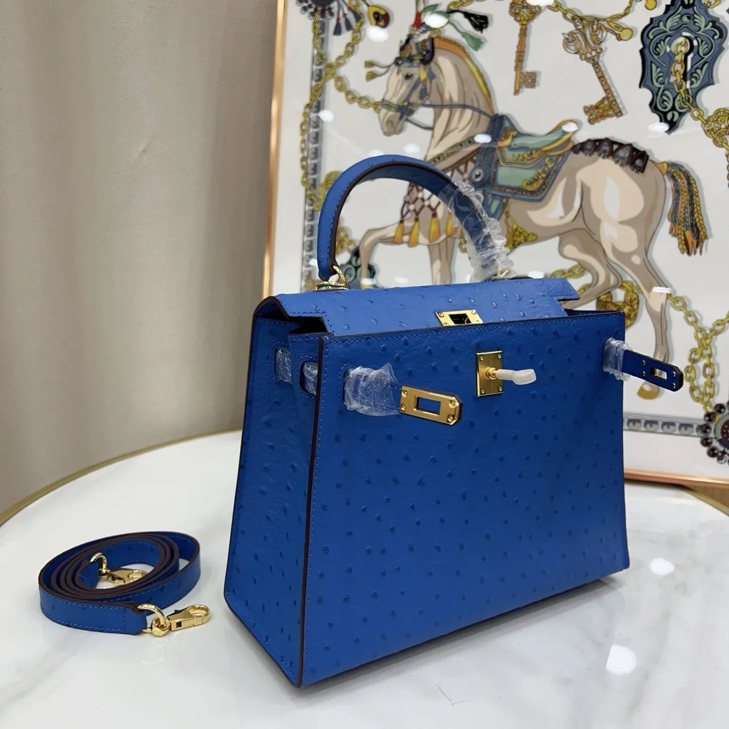 Kelly 25 Sellier Ostrich Bleuet Gold Hardware