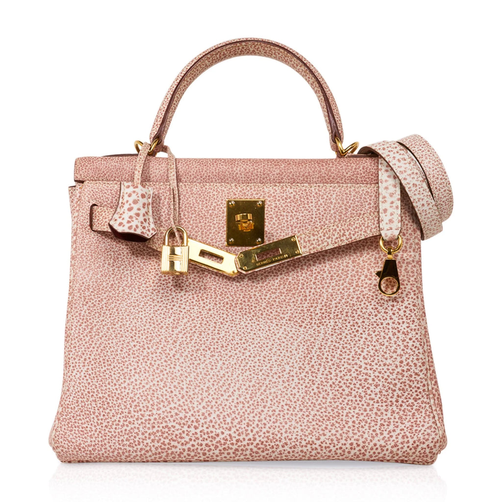 Kelly 28 Pink Dalmation Buffalo Skipper Leather Bag Gold Hardware