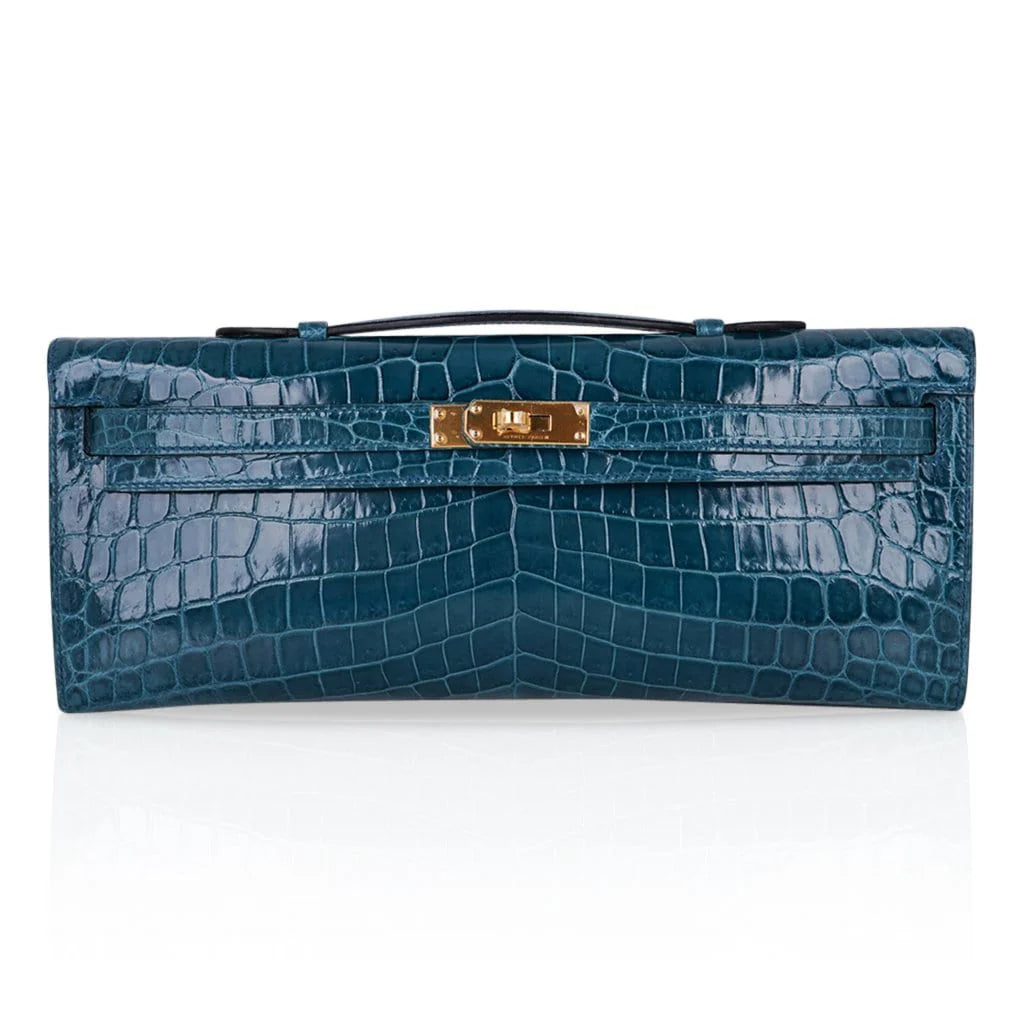 Kelly Cut Bag Blue Colvert Crocodile with Gold Hardware