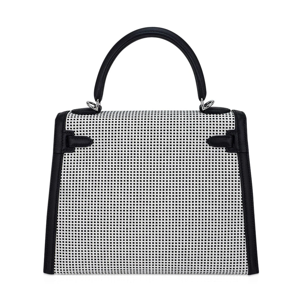Kelly 25 Sellier Bag Quadrille Black & White Viking Toile Swift Leather with Palladium Hardware