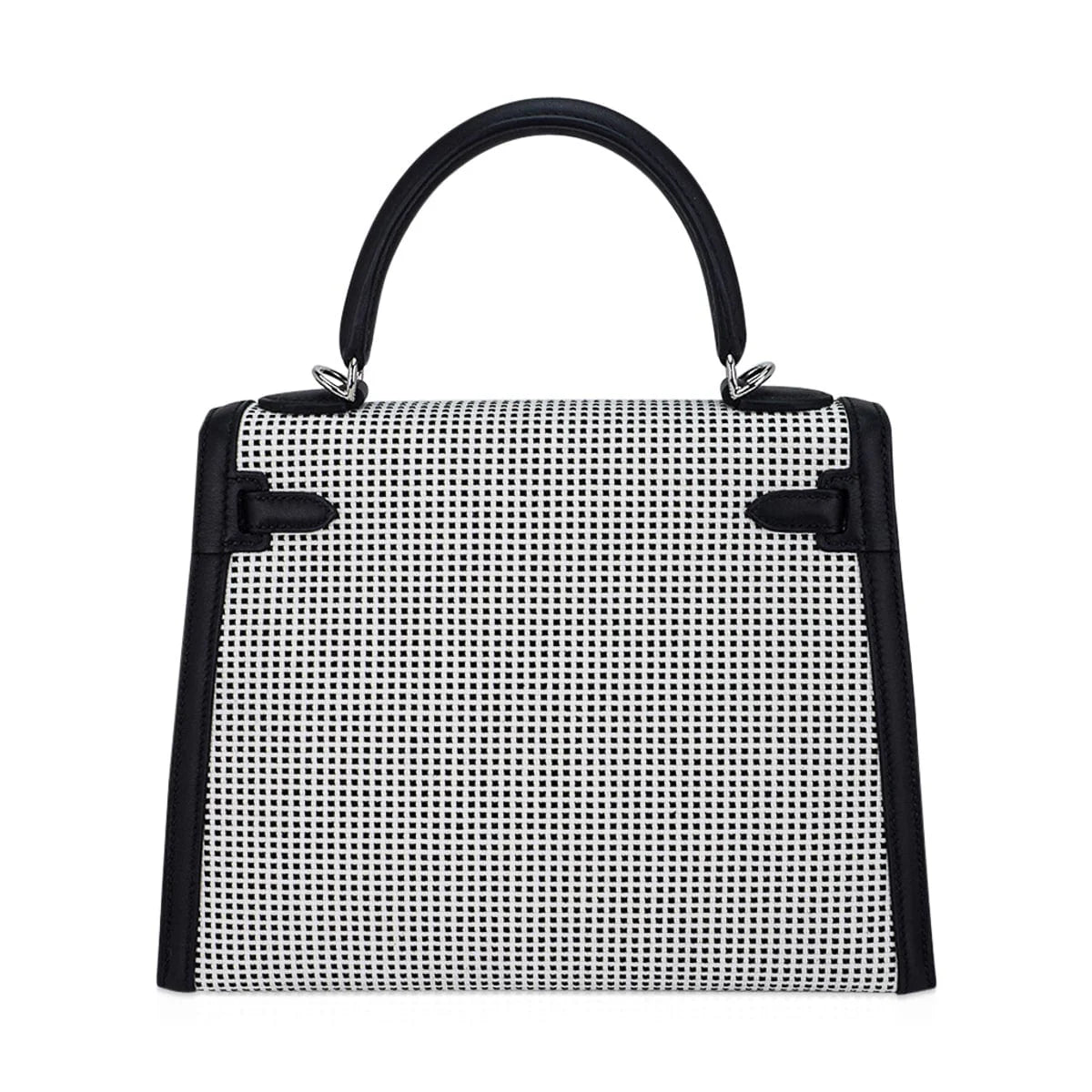 Kelly 25 Sellier Bag Quadrille Black & White Viking Toile Swift Leather with Palladium Hardware