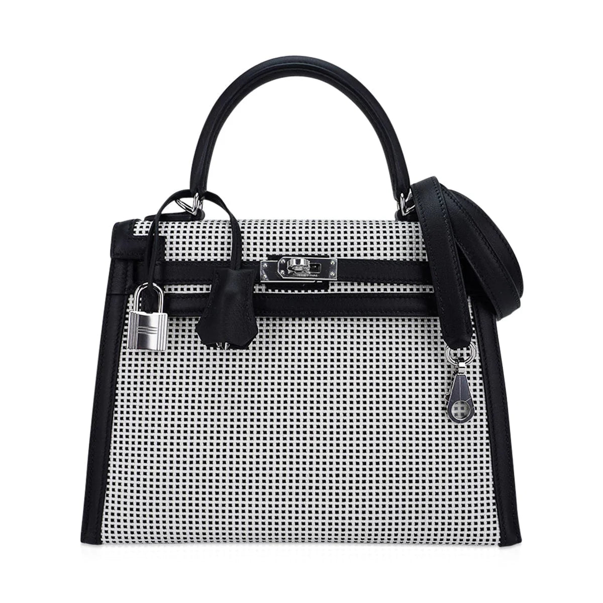 Kelly 25 Sellier Bag Quadrille Black & White Viking Toile Swift Leather with Palladium Hardware