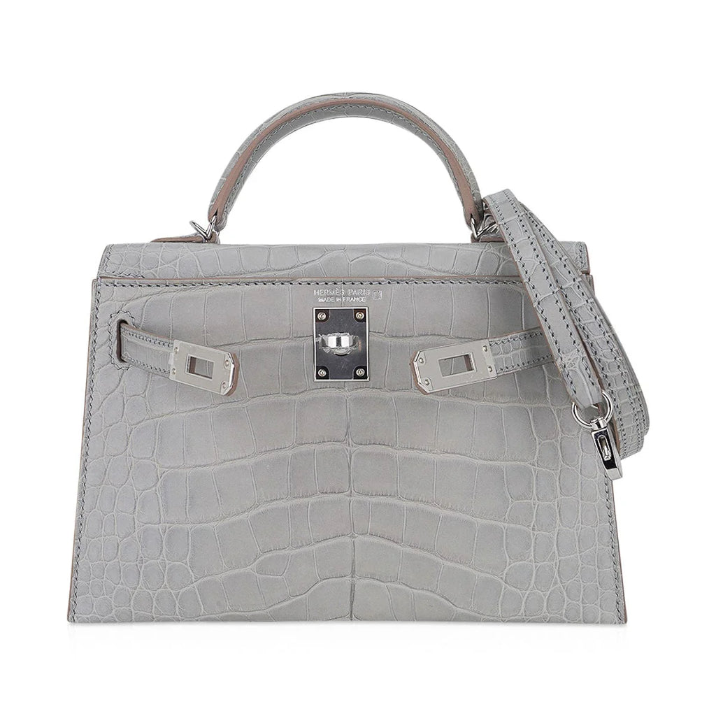 Limited Edition Mini Kelly 20 Sellier Matte Gris Perle Alligator Bag Palladium Hardware