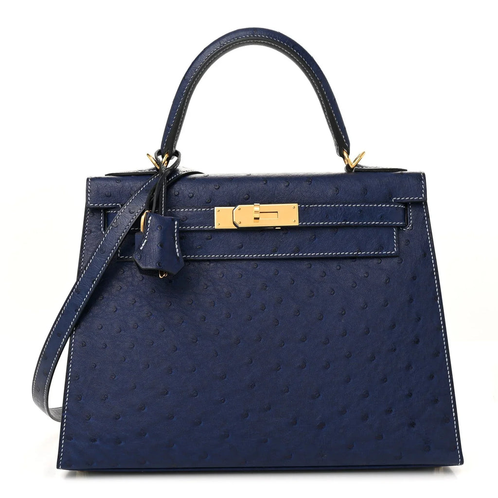Kelly 25 Bleu Iris Sellier Ostrich Gold Hardware