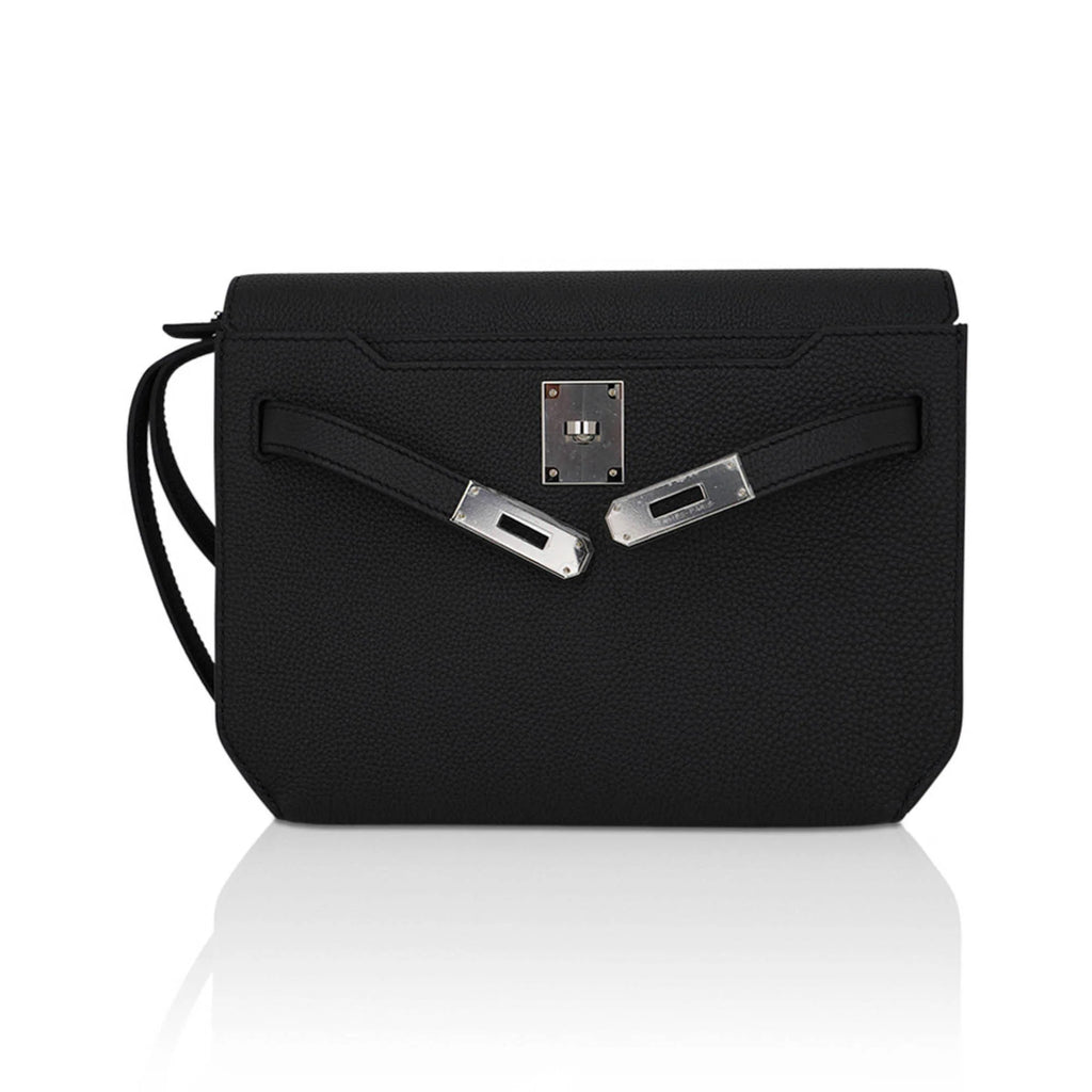 Kelly Depeches 25 Pouch Bag Black Galop D’Leather with Palladium Hardware