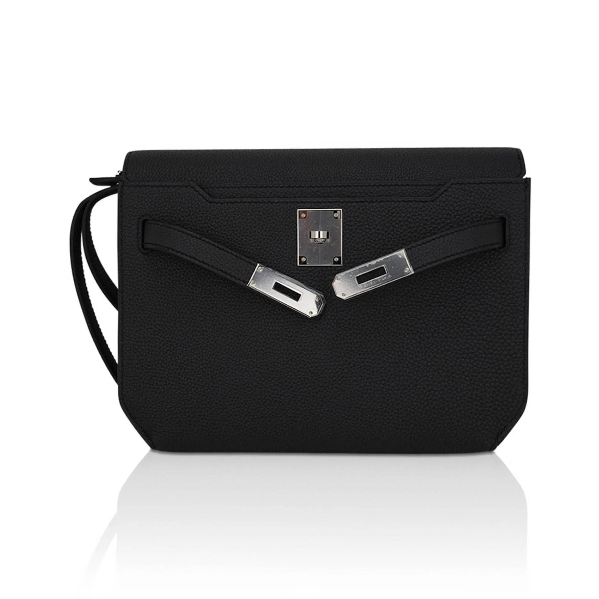Kelly Depeches 25 Pouch Bag Black Galop D’Leather with Palladium Hardware