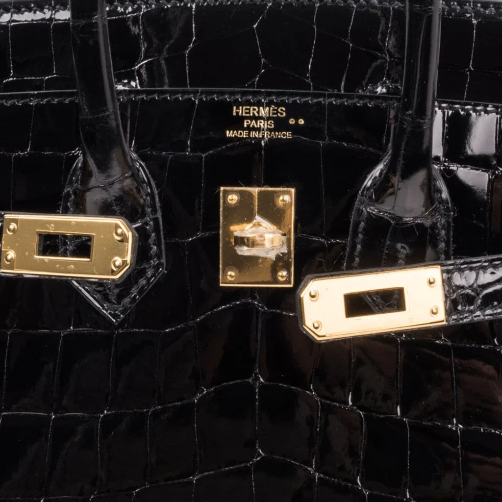 Birkin 25 Bag Black Crocodile Lisse Gold Hardware