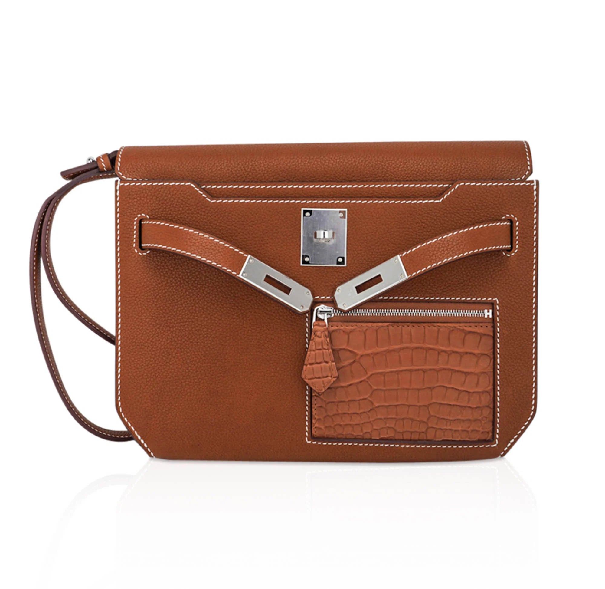 Kelly Depeches Touch Pouch 25 Bag Fauve Barenia Faubourg Leather and Gold Matte Alligator with Palladium Hardware
