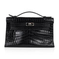 Kelly Pochette Bag Matte Black Crocodile Clutch Palladium